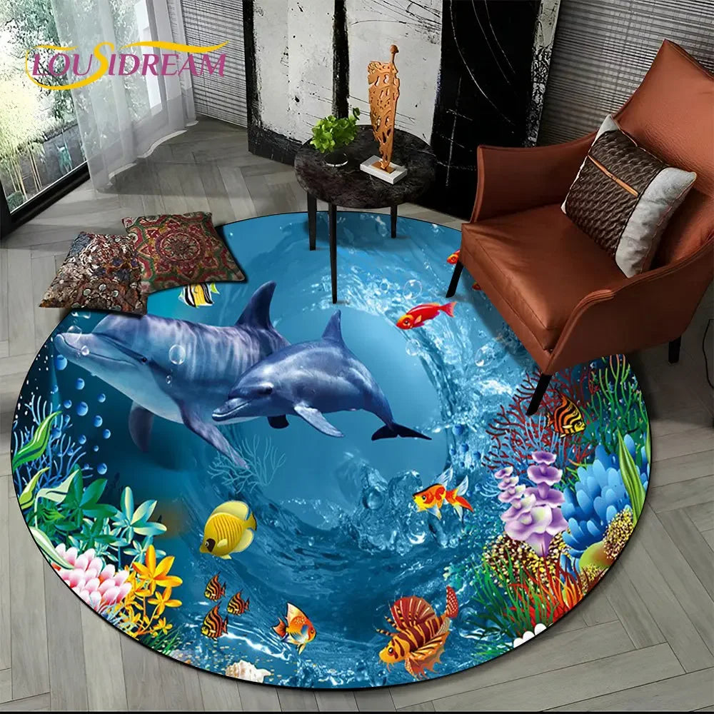 3D Seabed Illusion Underwater World Dolphin Round Area Rug