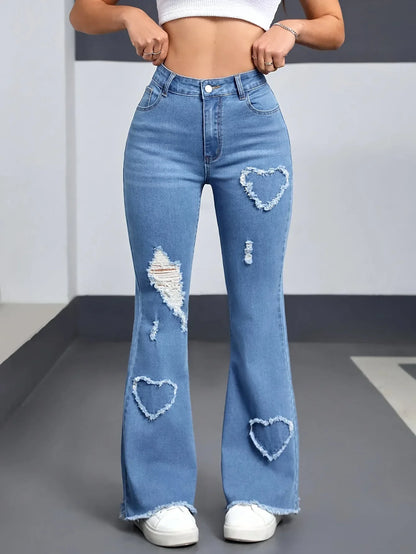 Hole Boot Cut High Waist Stretch Jeans