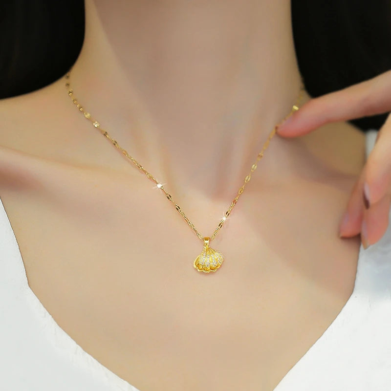 Openable Shell Pearl Necklace Rhinestone Jewelry