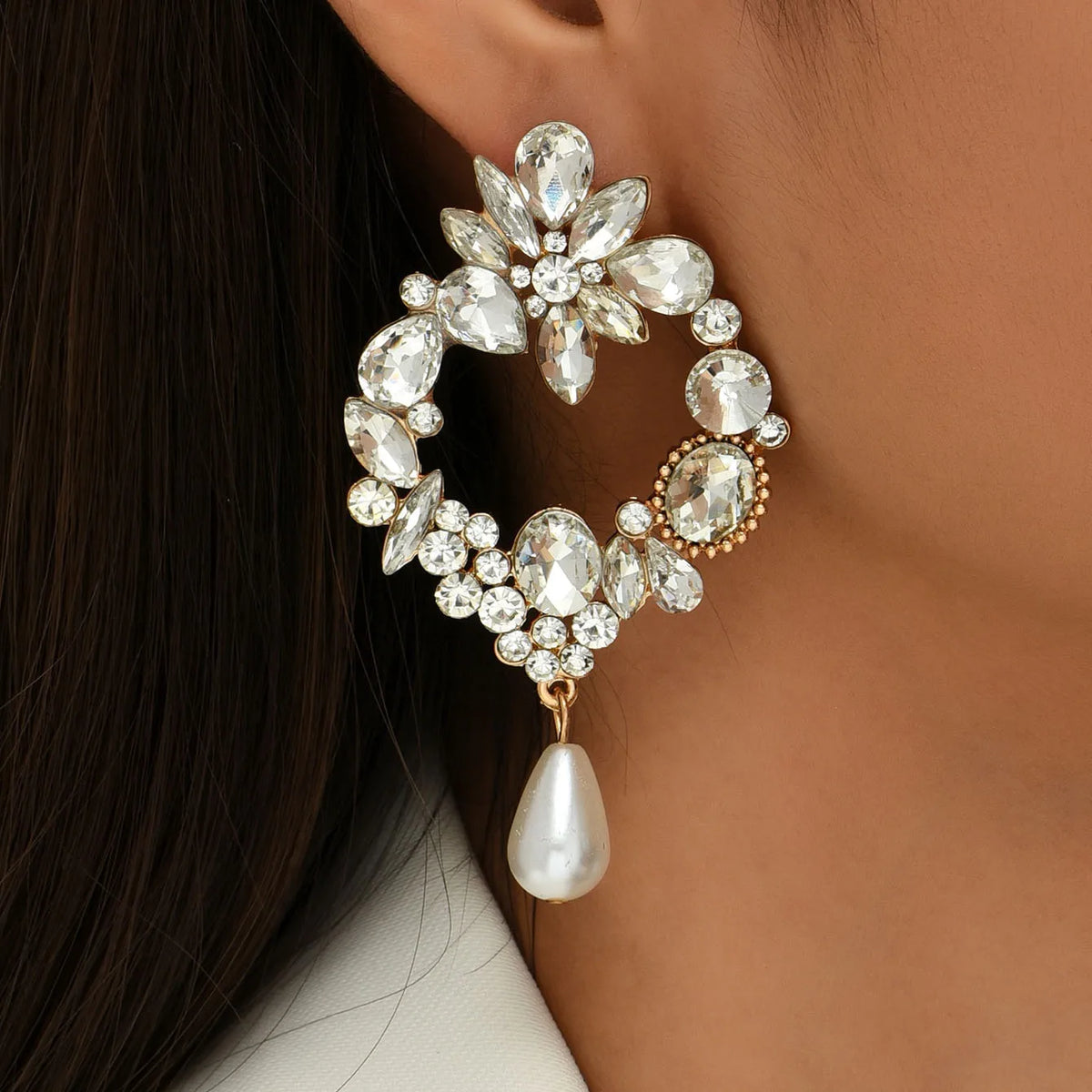 Gold Bridal Drop Simulated Pearl Crystal Statement Earrings