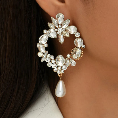 Gold Bridal Drop Simulated Pearl Crystal Statement Earrings