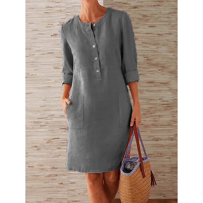 Casual Long Sleeve Cotton And Linen Tunic Dress