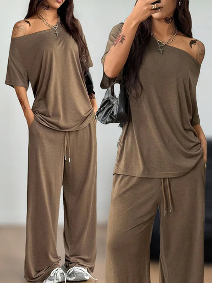 Casual Sports Loose Fit with Slanted Hem and Wide Leg Pants Set