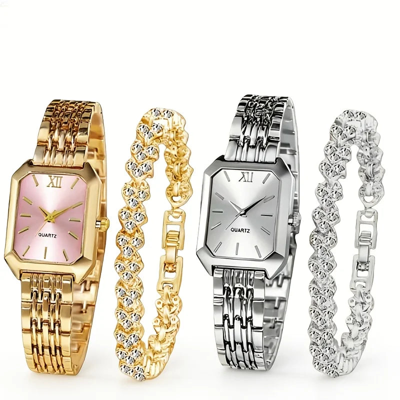 4PCS/Set Elegant Rectangle Quartz Wristwatch Heart Bracelets Set