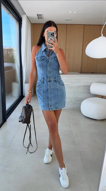 Low-cut Collar Single-breasted Button-down Dress