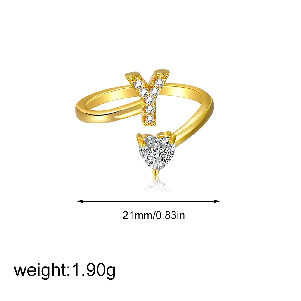 Gold Letter Open Heart Shape Cubic Zirconia  A-Z 26 Letter  Lnitials Rings