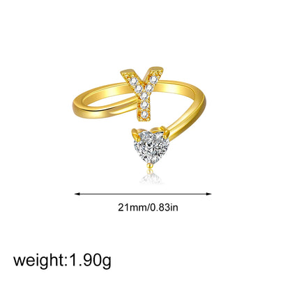 Gold Letter Open Heart Shape Cubic Zirconia  A-Z 26 Letter  Lnitials Rings