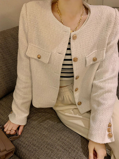 French Wool Tweed High-end Gold Button Short Slim  Korean Jacket