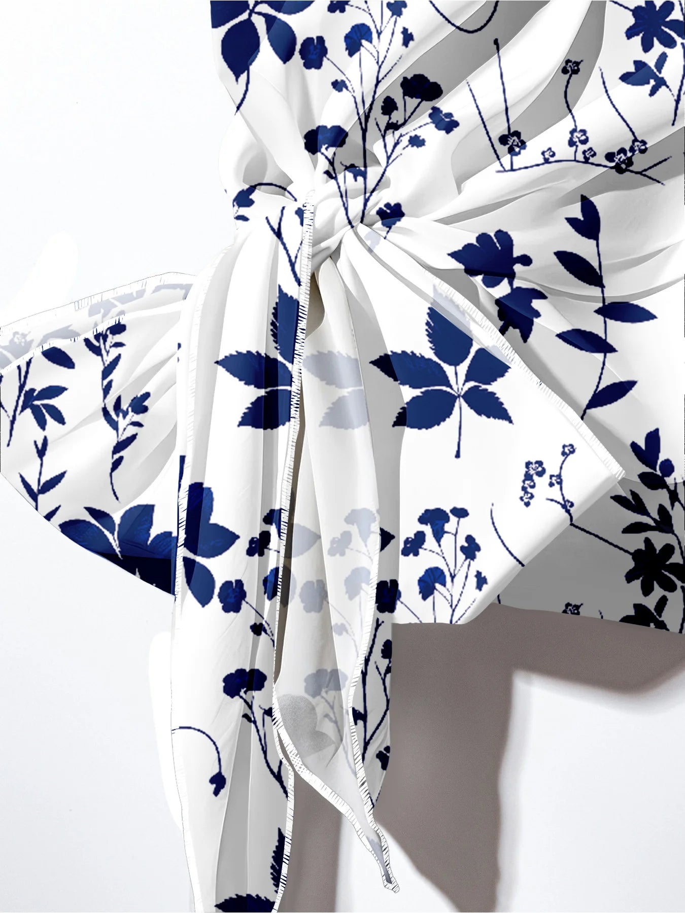 Casual Plus Size White Plant Pattern Twisted Wide Leg Pants Set
