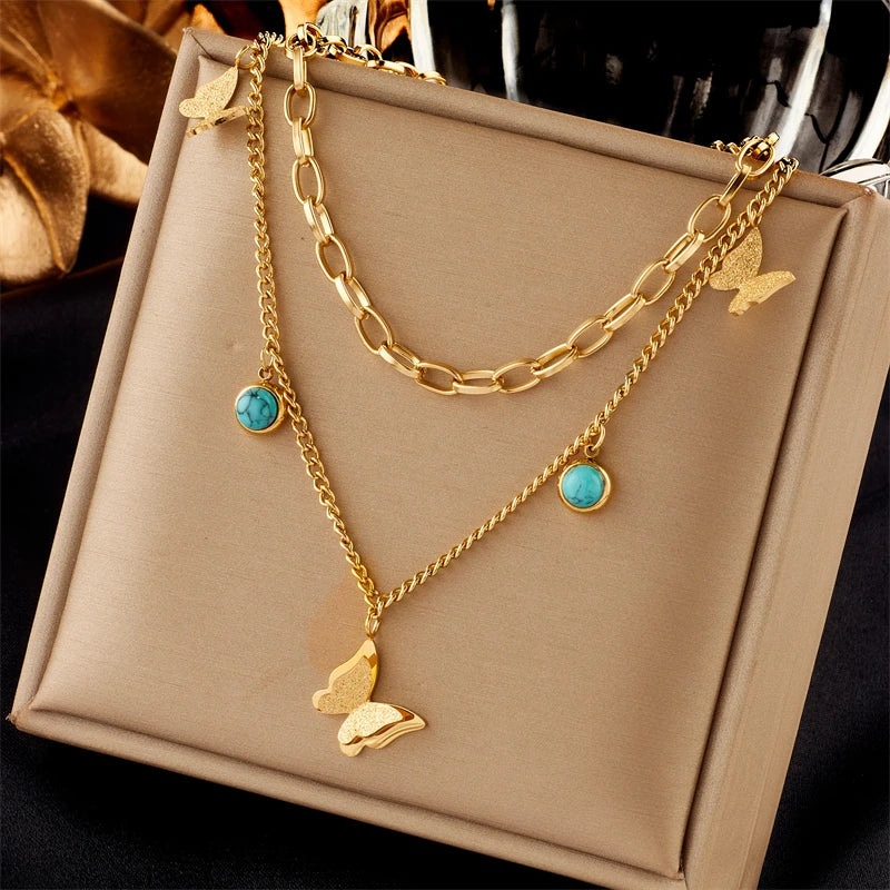 Stainless Steel Butterfly Moon Lock Blue Eyes Necklace