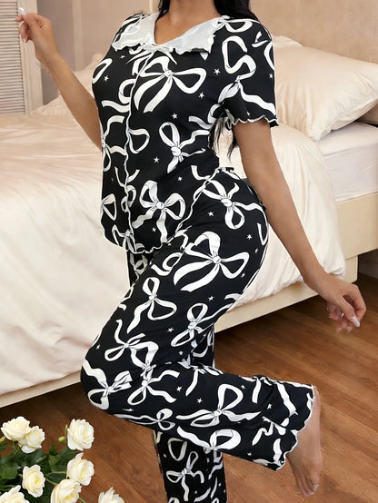 Valentine's Day Romantic Bowknot Floral Sleepwear Pajamas Set