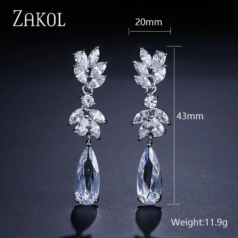 White Zircon Leaf Dangle Shinny Water Drop Crystal Earring