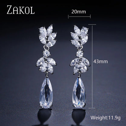 White Zircon Leaf Dangle Shinny Water Drop Crystal Earring