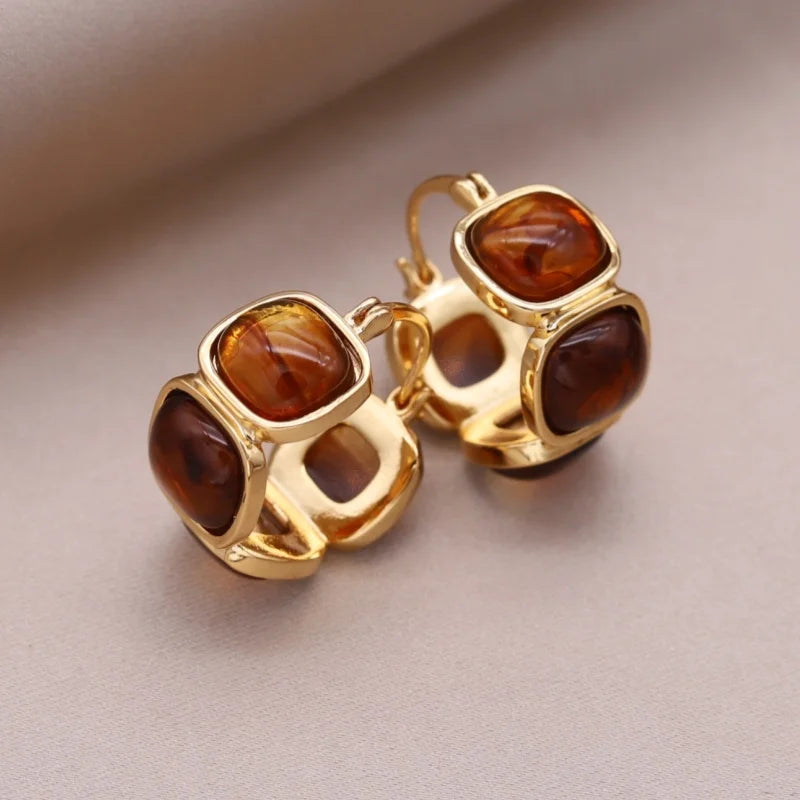 Korean design 14K gold plated round amber resin earrings