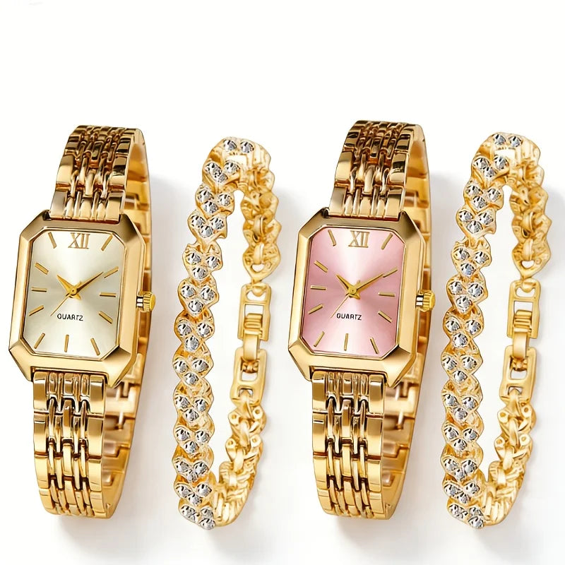 4PCS/Set Elegant Rectangle Quartz Wristwatch Heart Bracelets Set