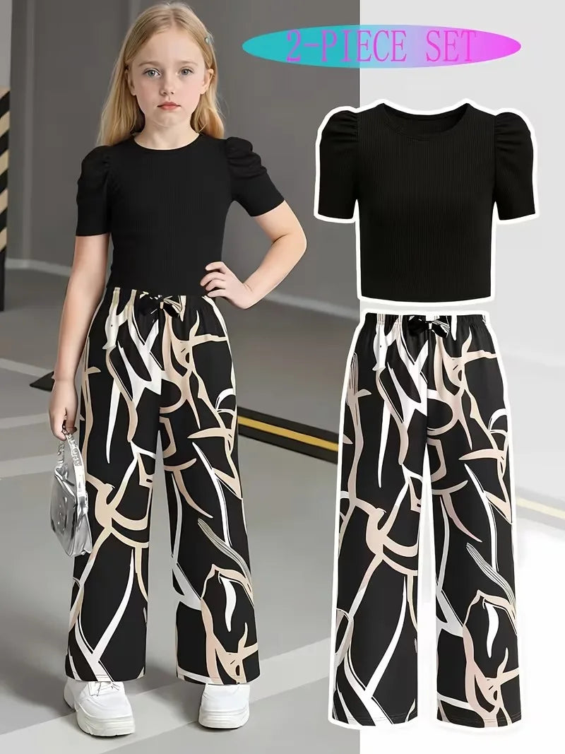 Green Puff Sleeve Ribbed Abstract Print Wide Leg Pants Set
