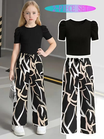 Green Puff Sleeve Ribbed Abstract Print Wide Leg Pants Set