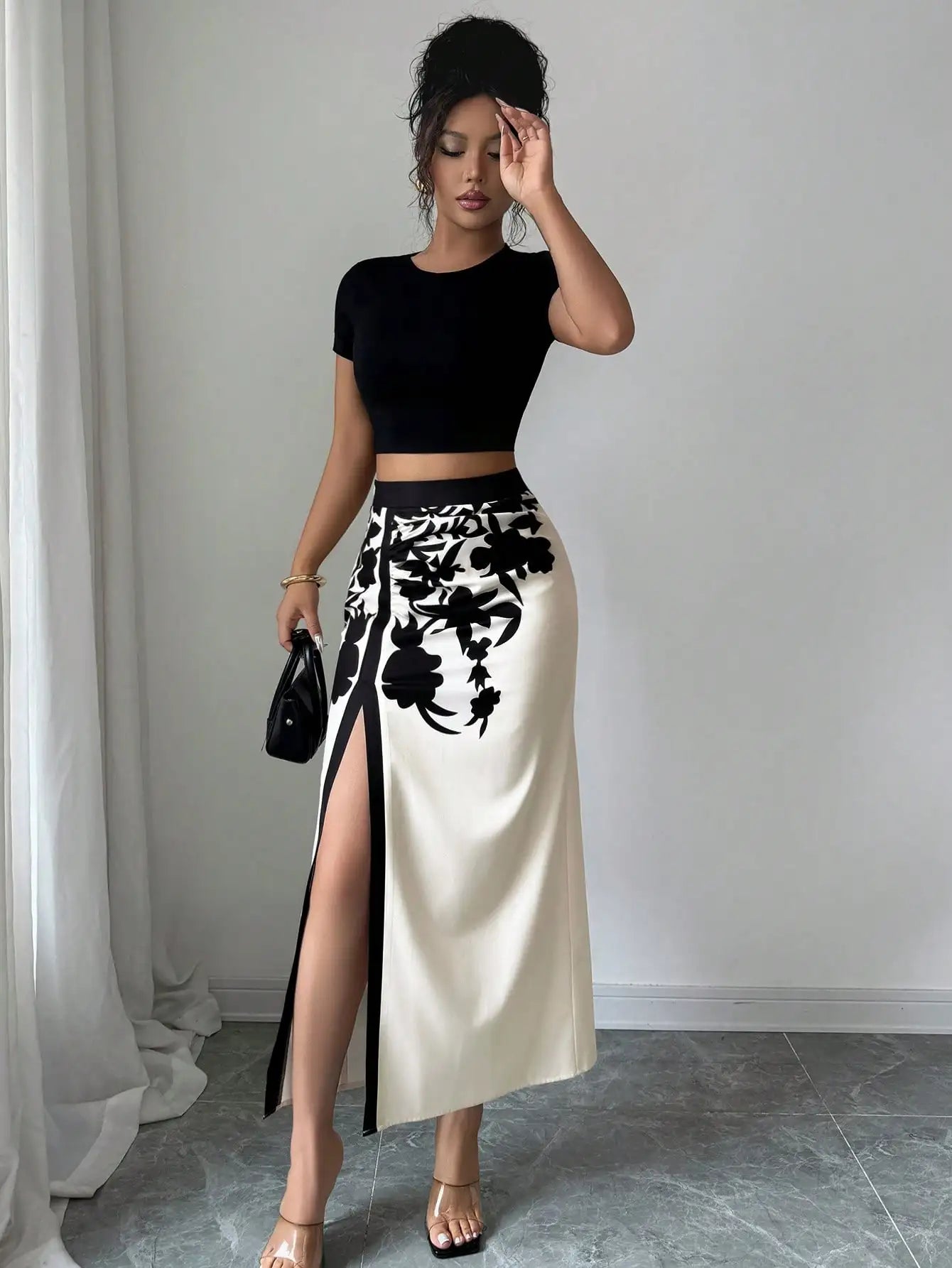 Black Floral Print Midi High Slit Casual Skirt