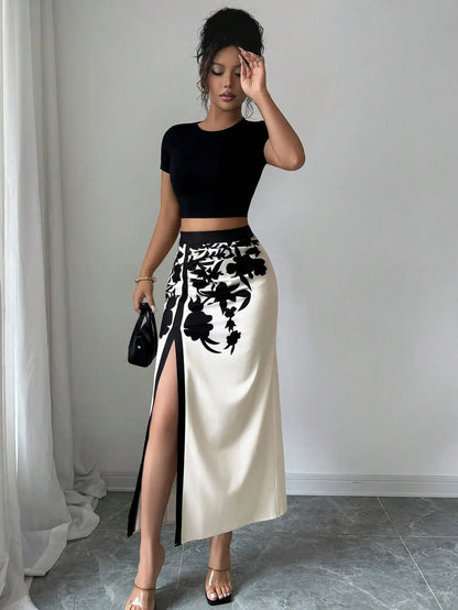 Black Floral Print Midi High Slit Casual Skirt