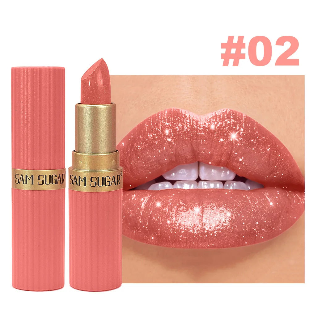 Pearlescent Pink Glitter Metallic Waterproof  Diamond Lipstick