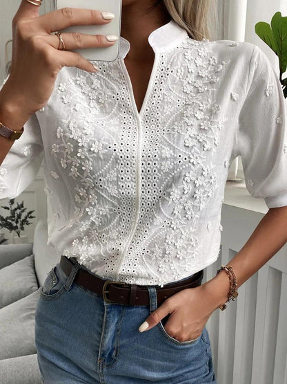 Floral Lace V Neck Casual Chic Short Sleeve Blouse