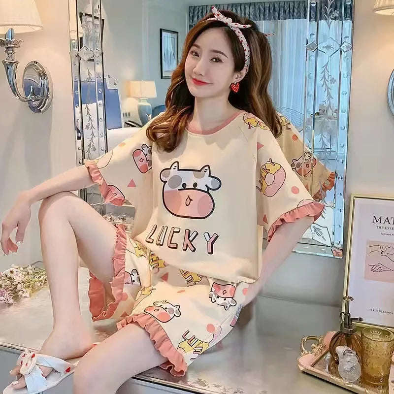 Short-Sleeved Loose Large Size Princess Style Strawberry Dinosaur Kawaii CutePajamas Sets