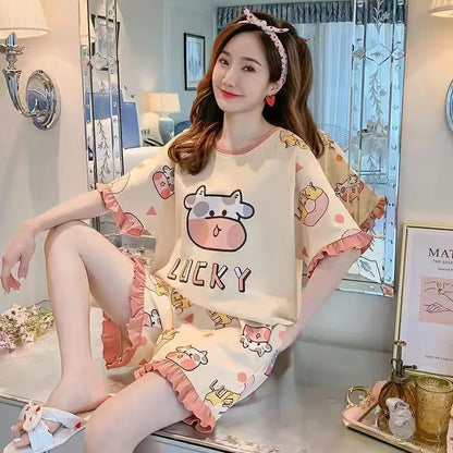 Short-Sleeved Loose Large Size Princess Style Strawberry Dinosaur Kawaii CutePajamas Sets