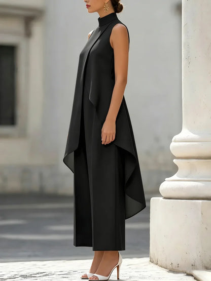 Sleeveless High Neck Jumpsuit With Asymmetric Draped Overlay Wide Leg
