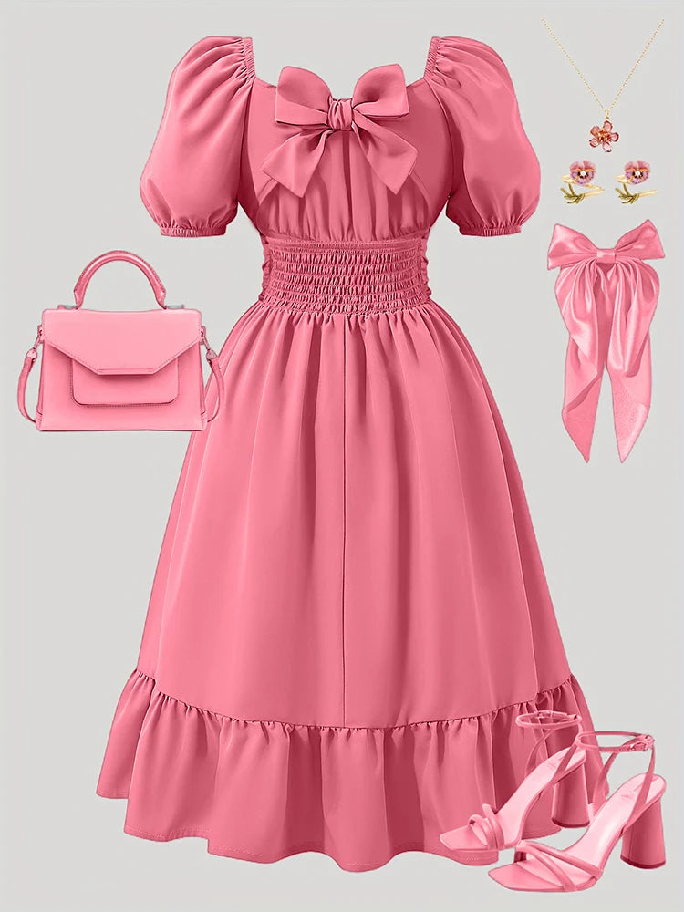Spring And Summer Cute Elegant Off-Shoulder Lantern Sleeve Bow Solid Color Puff Dress