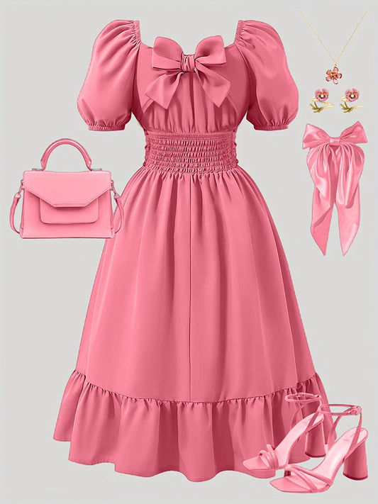 Spring And Summer Cute Elegant Off-Shoulder Lantern Sleeve Bow Solid Color Puff Dress