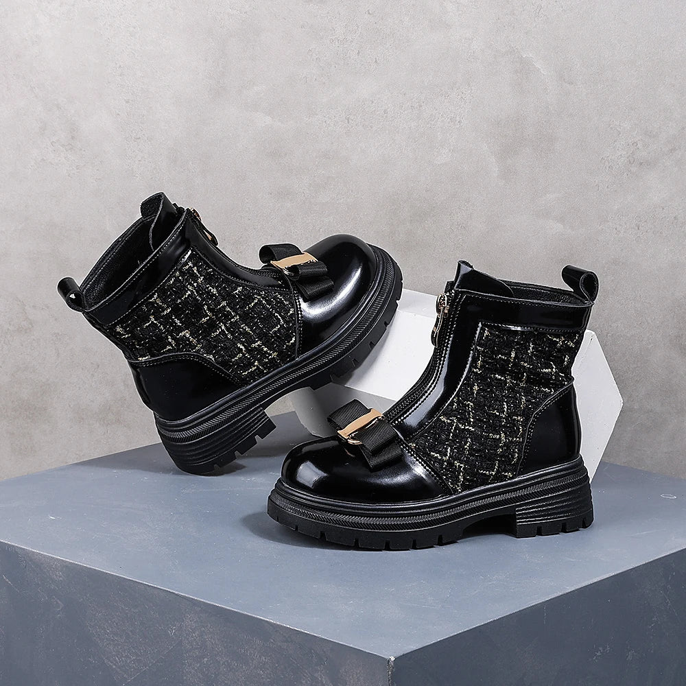 Toddler Black Tweed Bow Front Zipper Ankle Boots