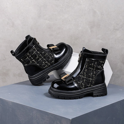 Toddler Black Tweed Bow Front Zipper Ankle Boots