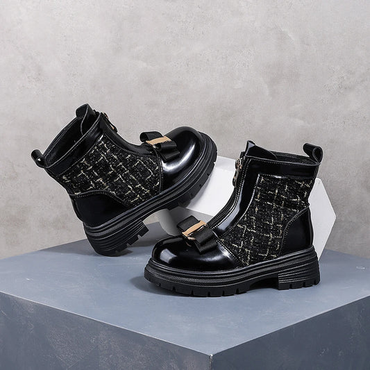 Toddler Black Tweed Bow Front Zipper Ankle Boots