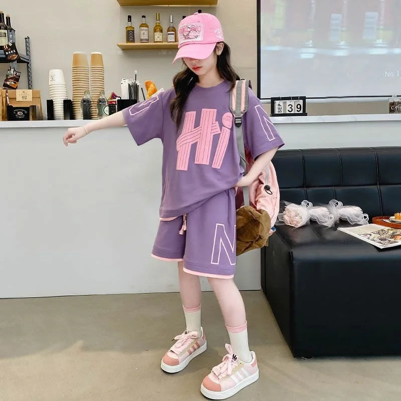 Short Sleeve Teen Loose Casual Letter Print Outfits Set