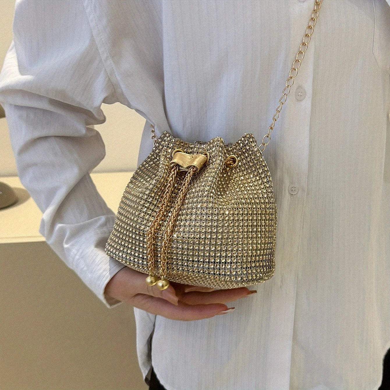 Sparkling Rhinestone Embellished Drawstring Crossbody Bag