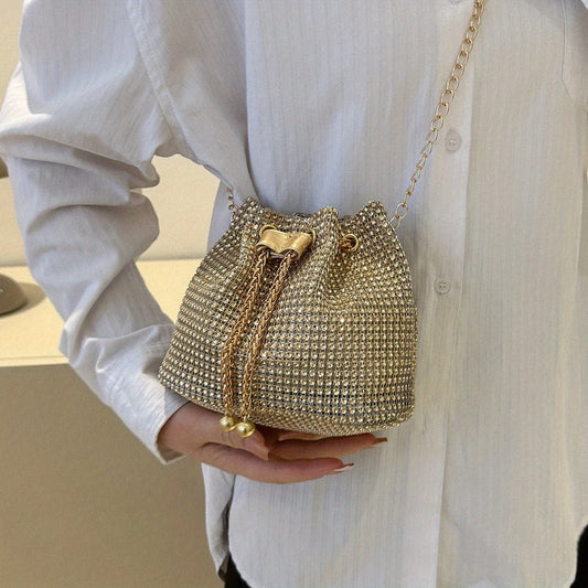 Sparkling Rhinestone Embellished Drawstring Crossbody Bag