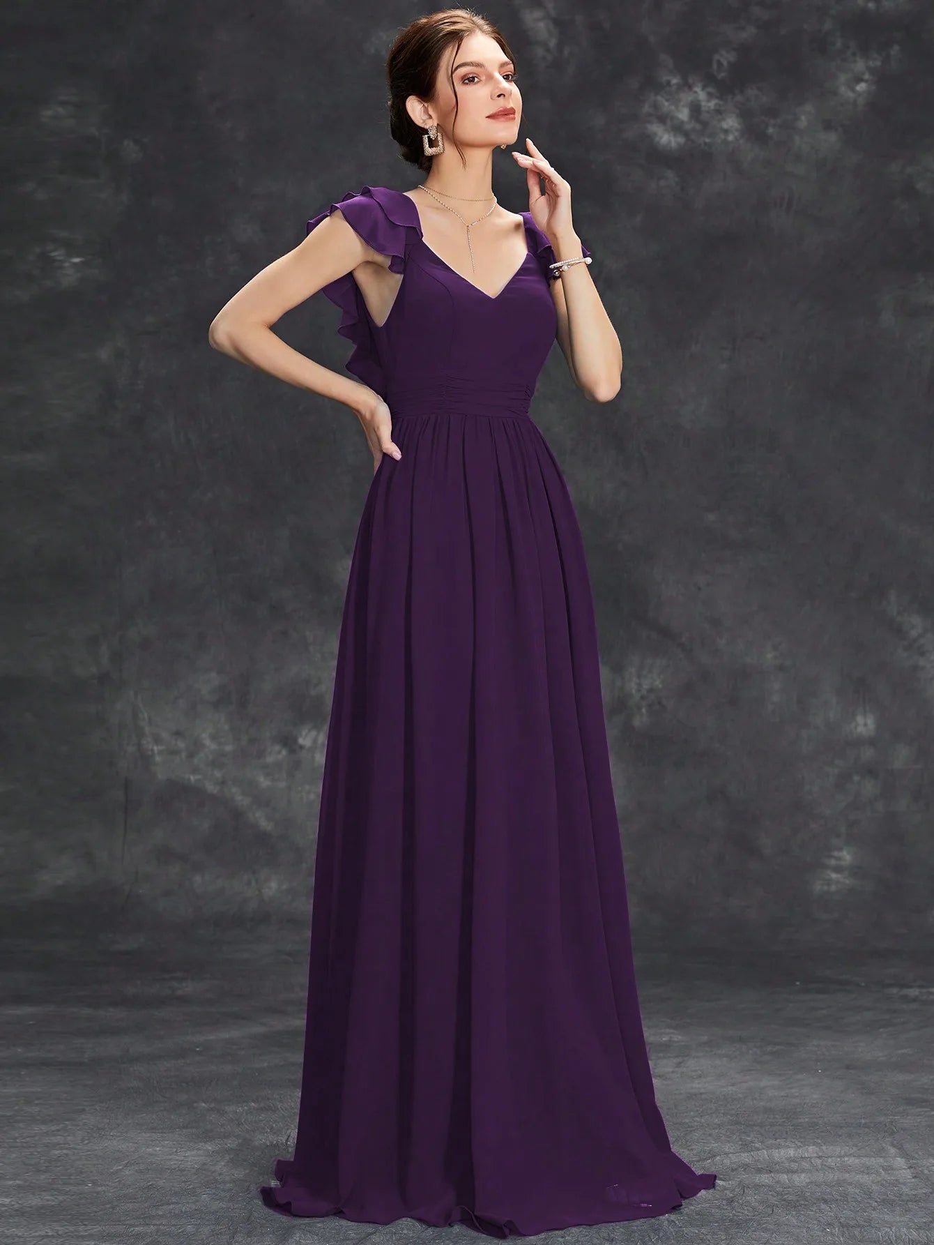 Mgiacy V-neck cap sleeve ruffle lace Extra long evening gown Ball dress
