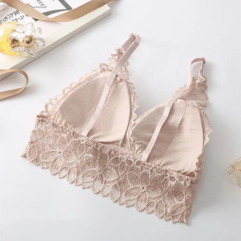 Floral Lace V Neck Bralette Adjustable Thin Straps Wireless Lace Bra