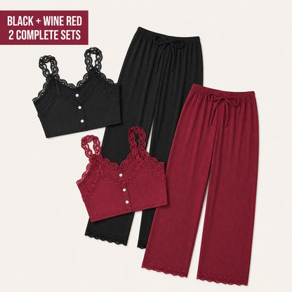 Lace Trim Camisole Tops and Ankle-Length Pants Polyester Elastane Sleepwear Set