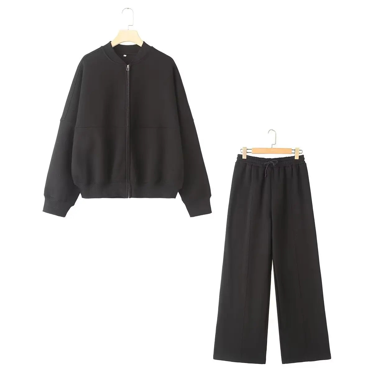 Zipper Bomber Jacket Sweatshirt High-waisted Lace-up Loose Velvet Pants Suit