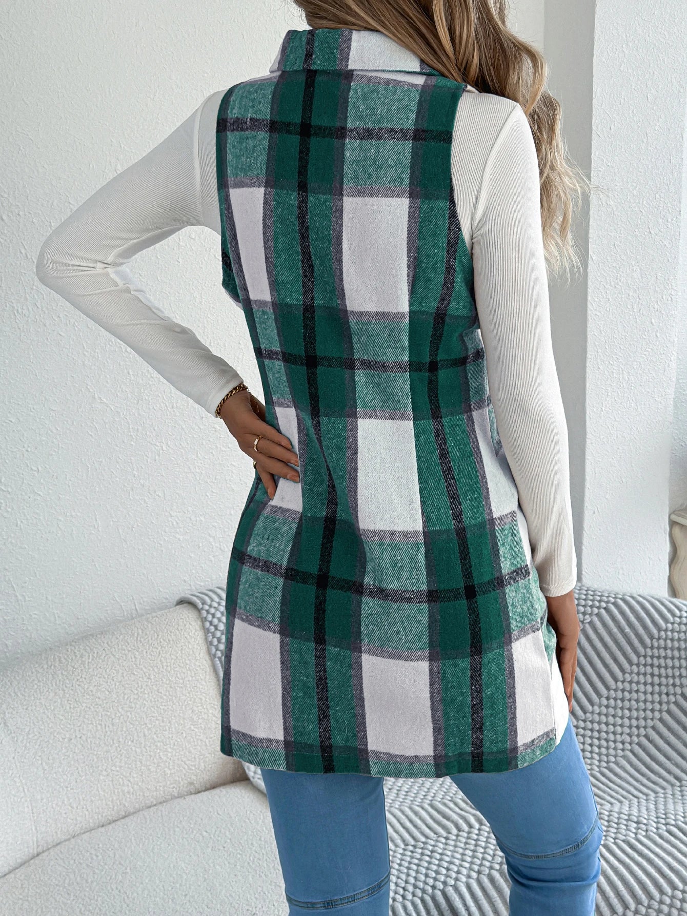 Lapel Double Breasted Plaid Vest Sleeveless Blazer