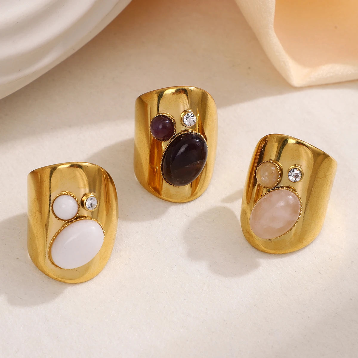 Retro Wide Stainless Steel Vintage Boho Natural Stones Zircon Rings