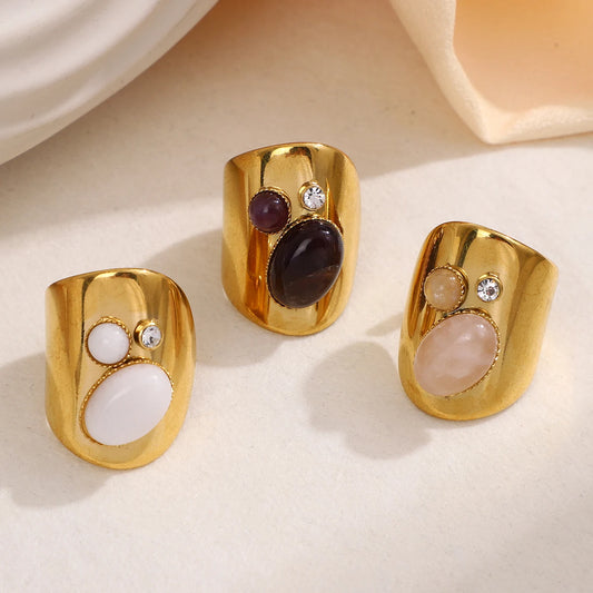 Retro Wide Stainless Steel Vintage Boho Natural Stones Zircon Rings