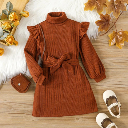 Woolen Autumn Winter High Neck Flying Sleeve Lace up Long Sleeve Dress