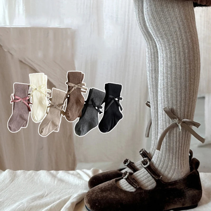 Autumn Grils Leggings Bow Knitted Pantyhose Bottom Toddler Ribbed Stockings