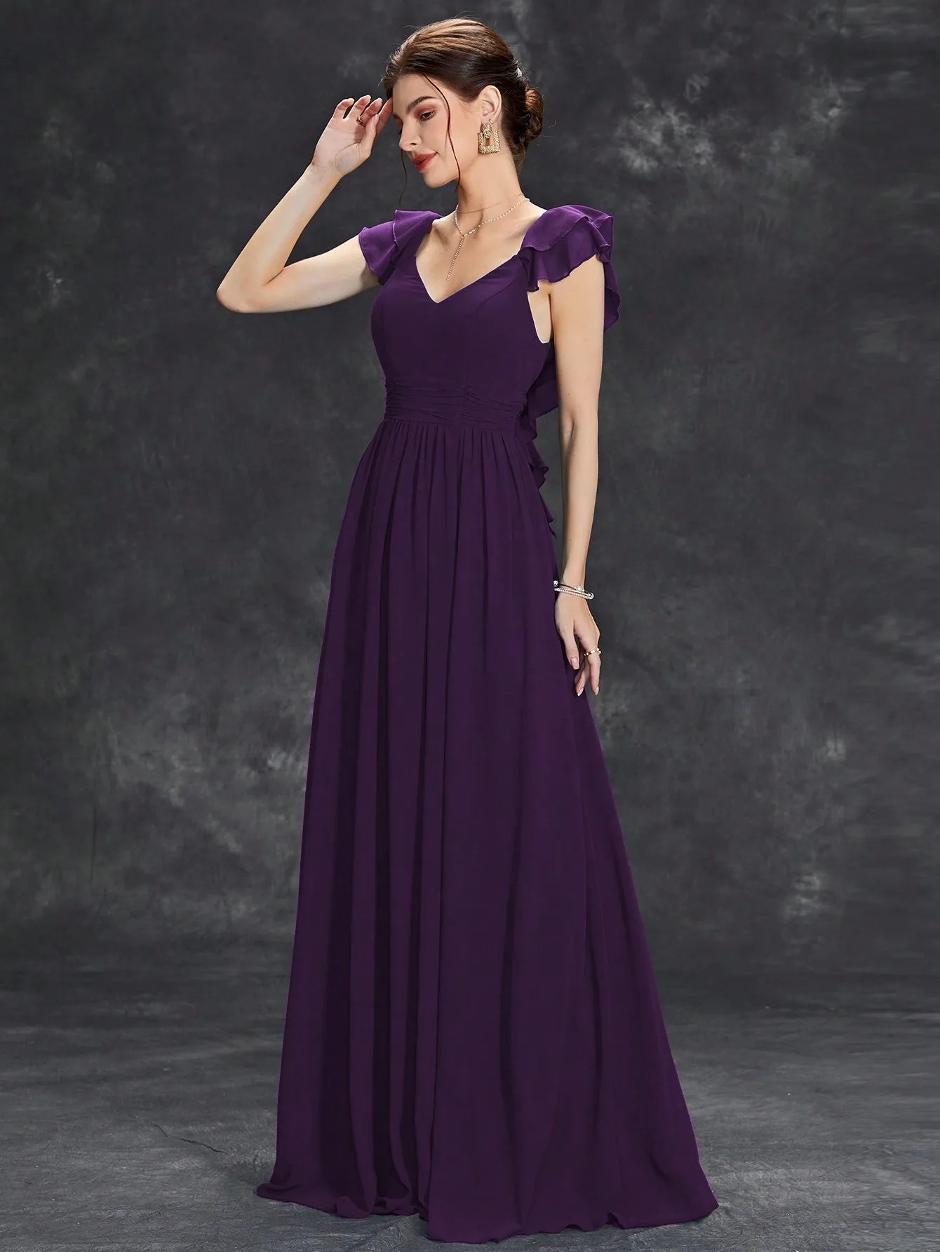 Mgiacy V-neck cap sleeve ruffle lace Extra long evening gown Ball dress