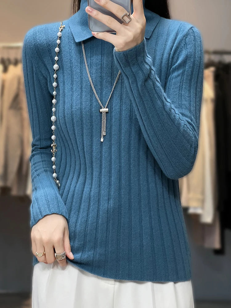 Polo Collar Knitted Sweater Long Sleeve Slim Fit Pullovers