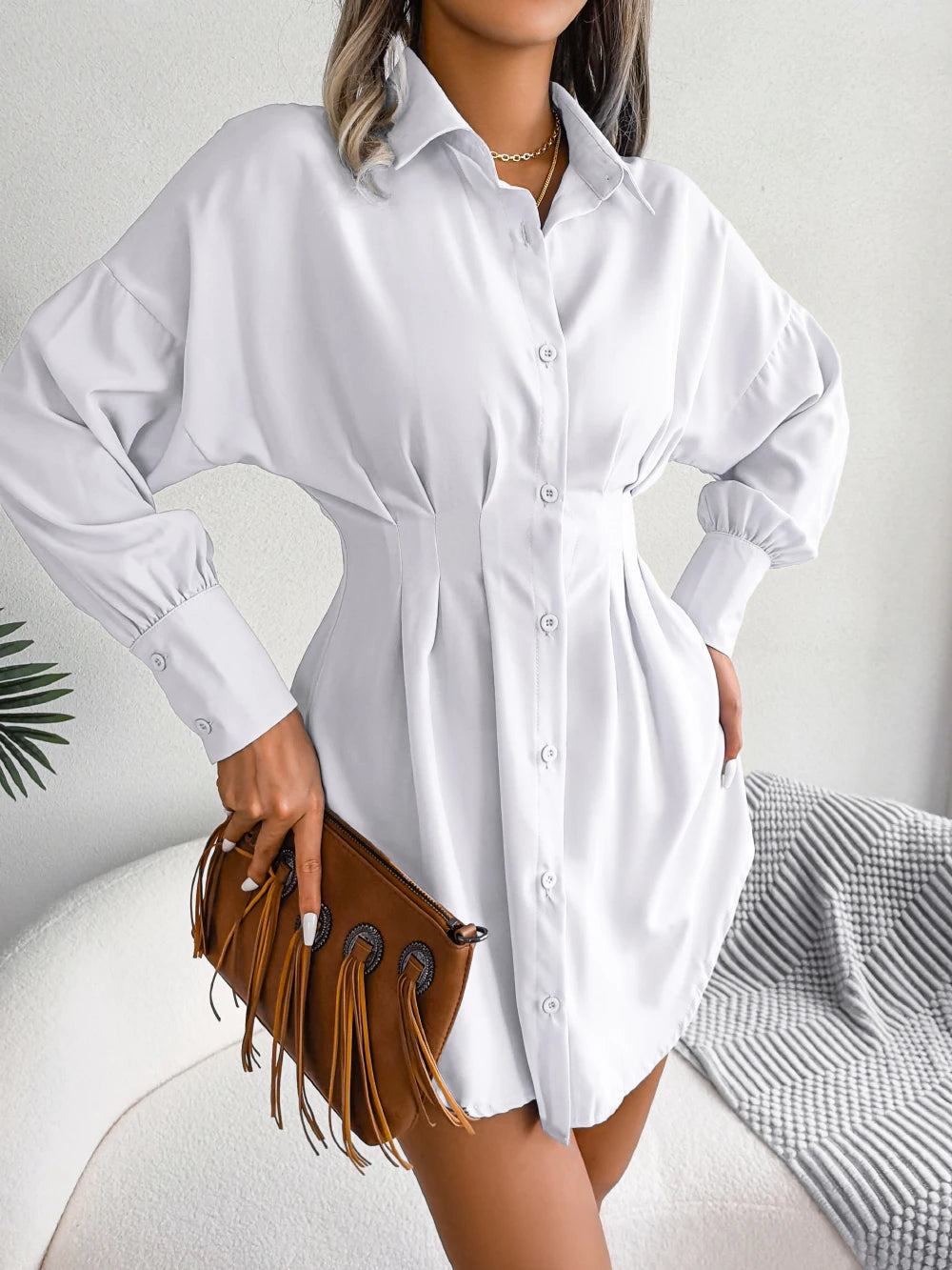 Casual Buttons Long Sleeve Mini Dress