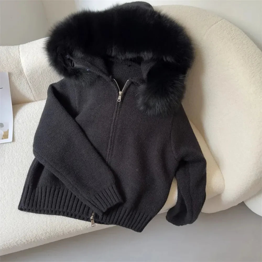 Hooded Real Fox Fur Collar Jacket