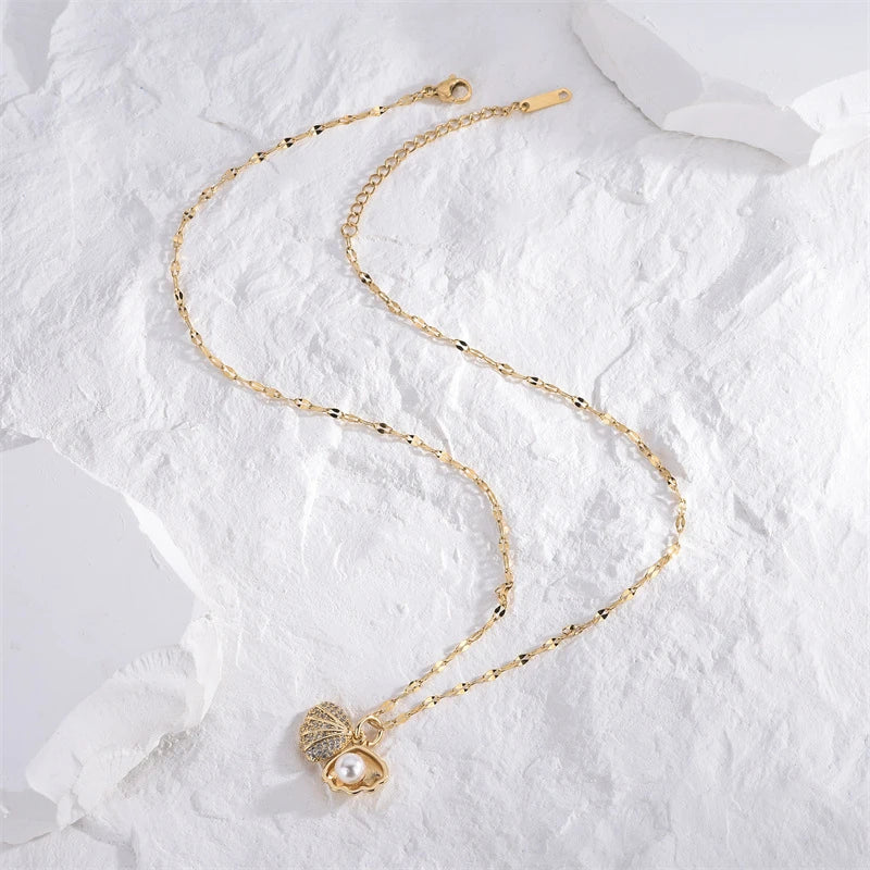 Openable Shell Pearl Necklace Rhinestone Jewelry